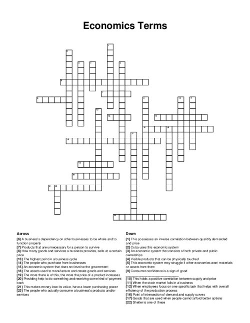 Economics Terms Crossword Puzzle