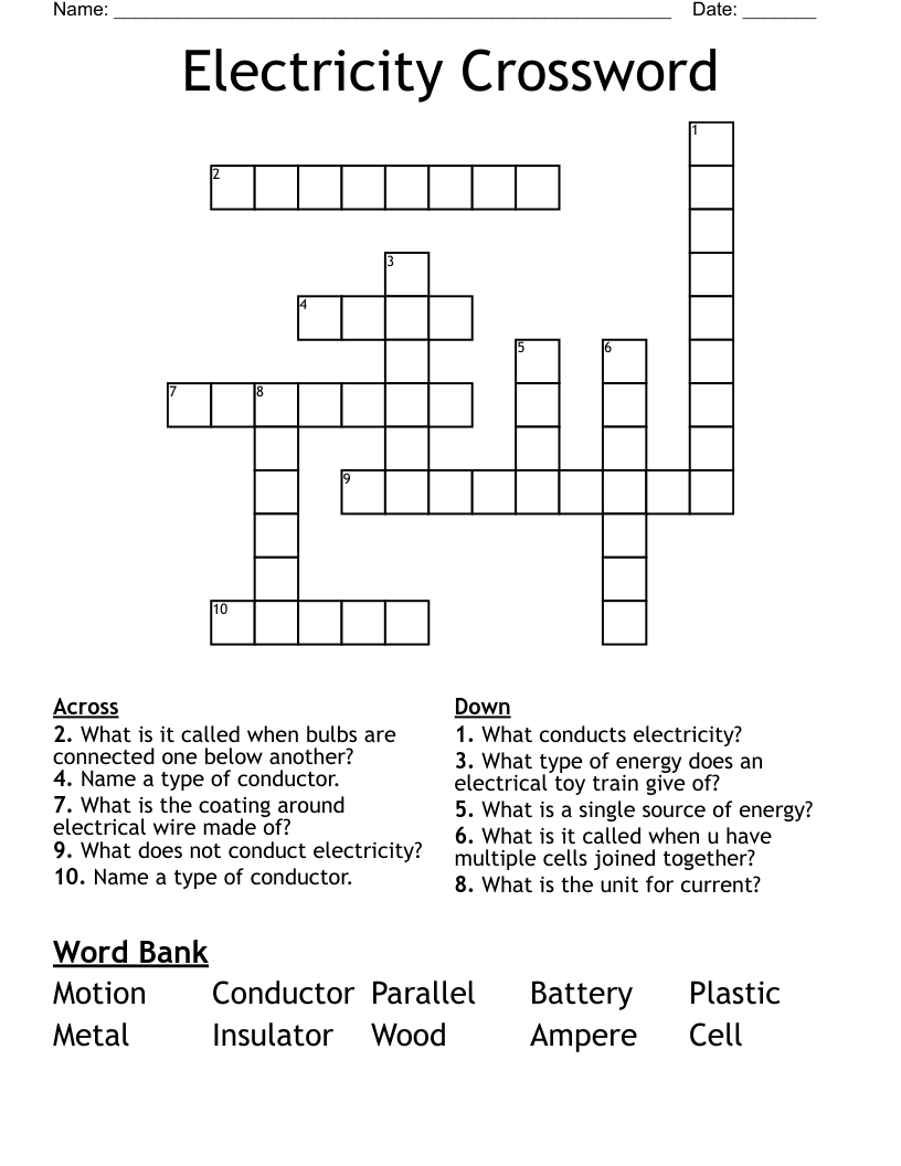 Electricity Crossword Puzzle Printable Free