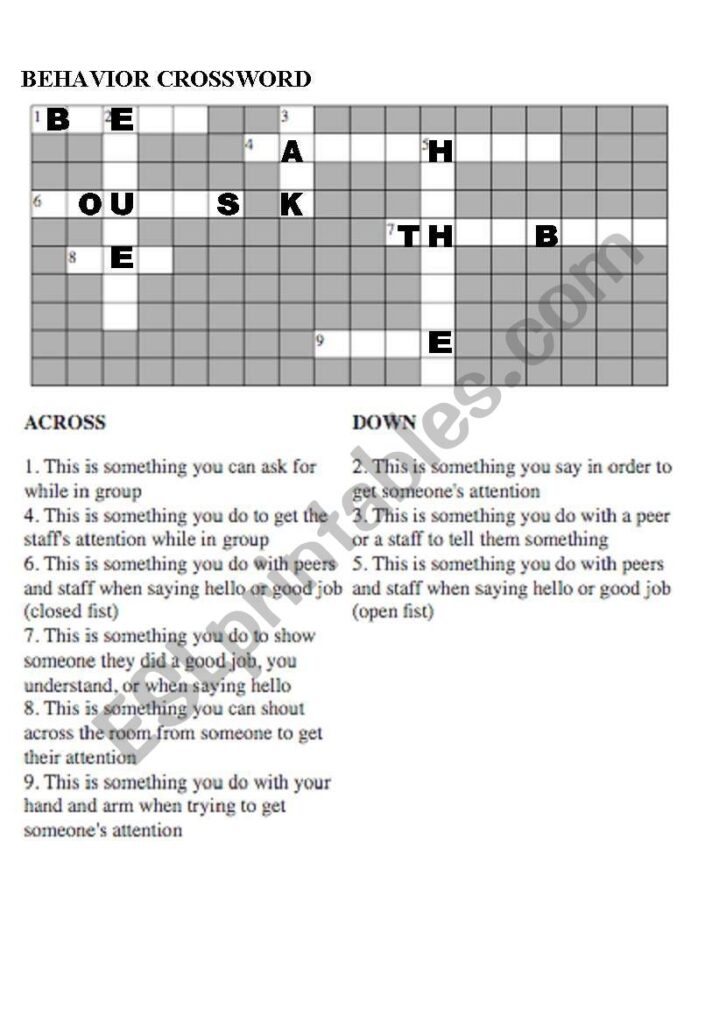 English Worksheets Behavior Crossword Puzzle