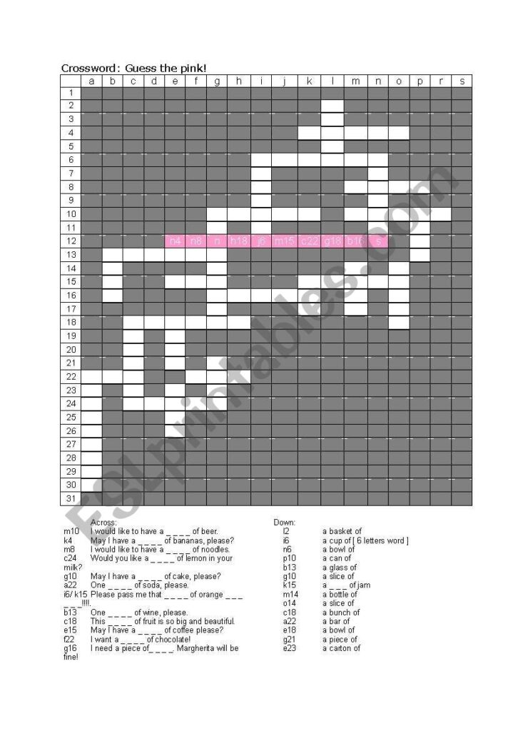 English Worksheets Food Containers Crossword