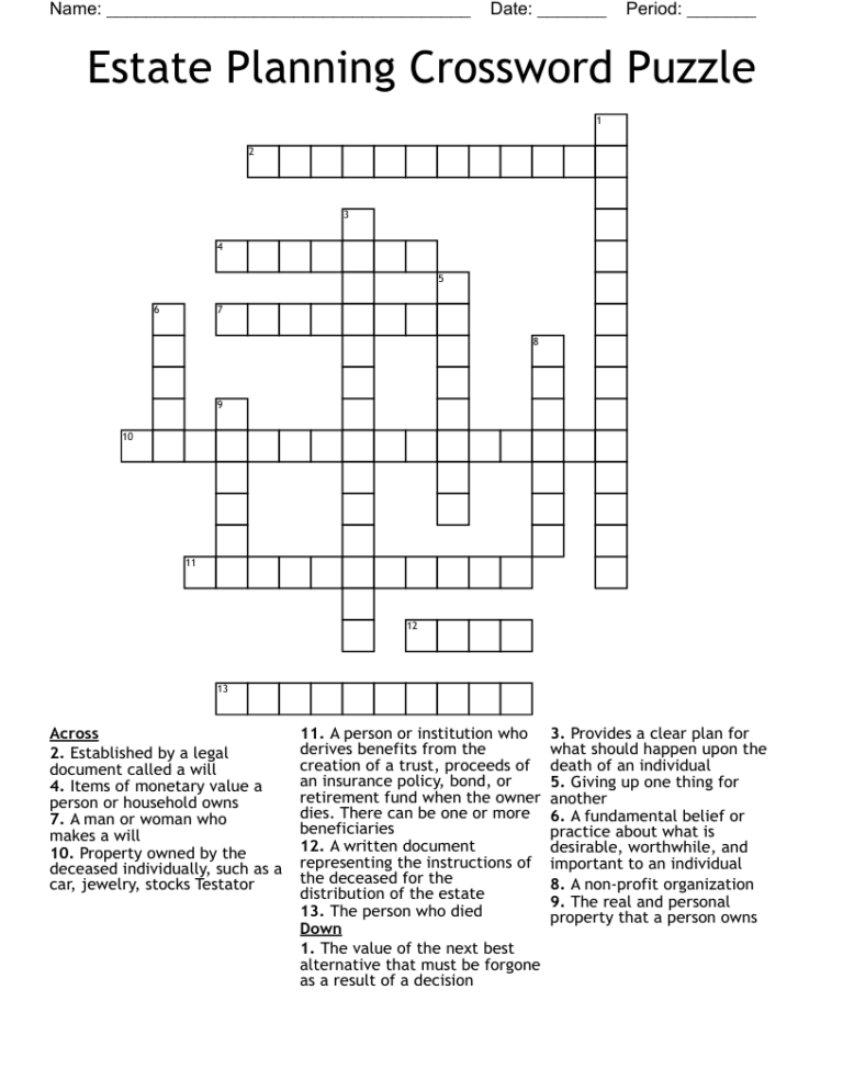 Estate Planning Crossword Puzzle WordMint