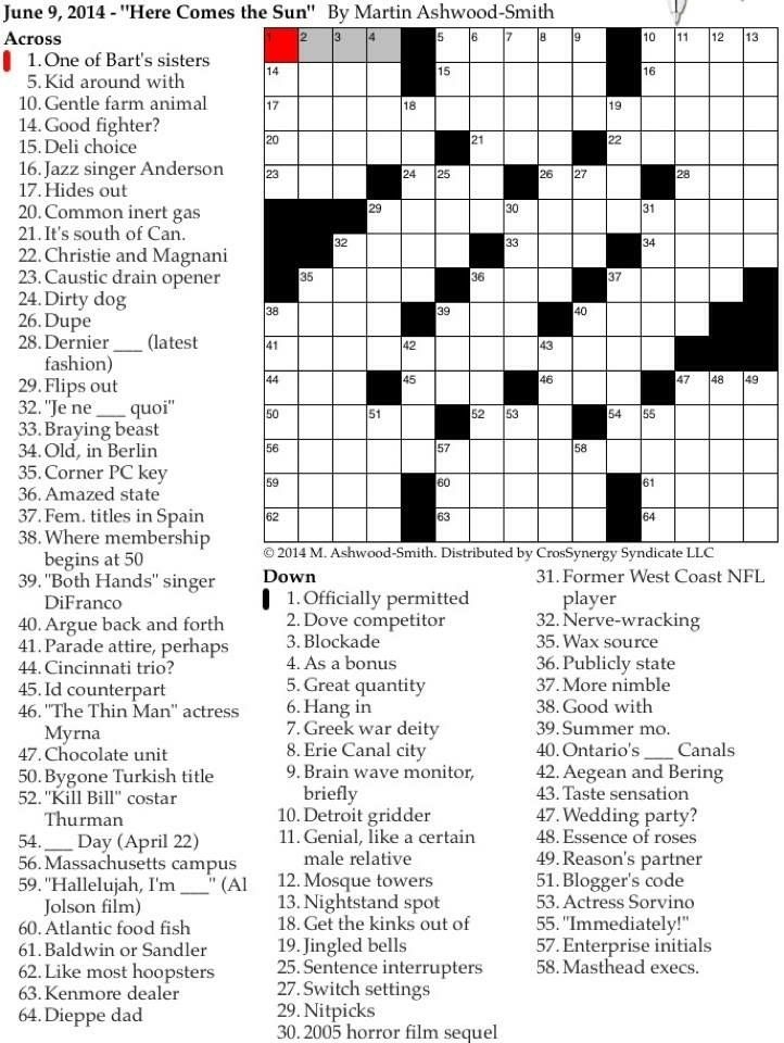 Eugene Sheffer Printable Crossword Puzzle For Today