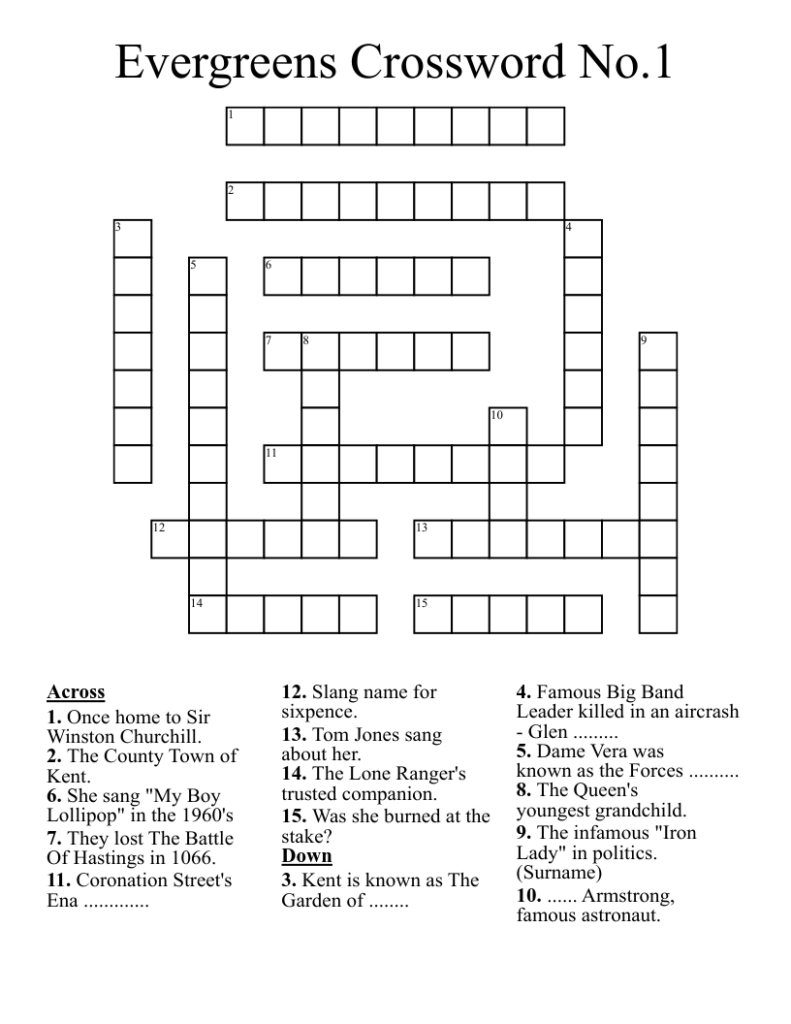 Evergreens Crossword No 1 WordMint