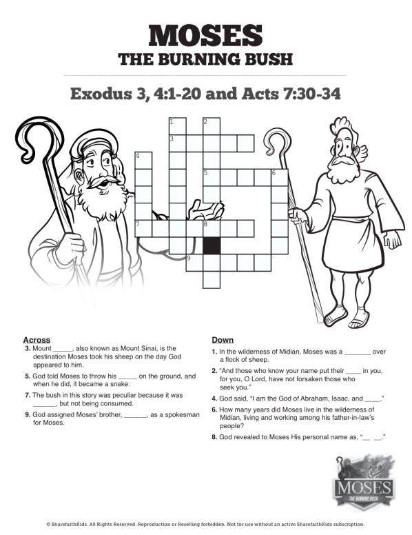 Exodus 3 Moses And The Burning Bush Sunday School Crossword Puzzles 