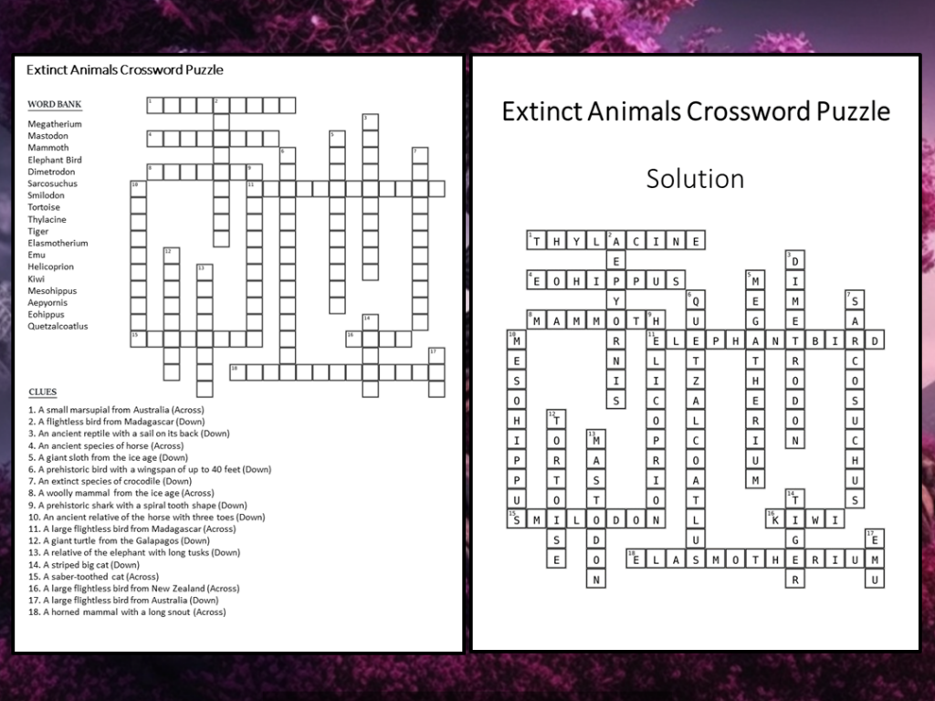 Extinct Animals Crossword Puzzle Worksheet Activity Teaching Resources