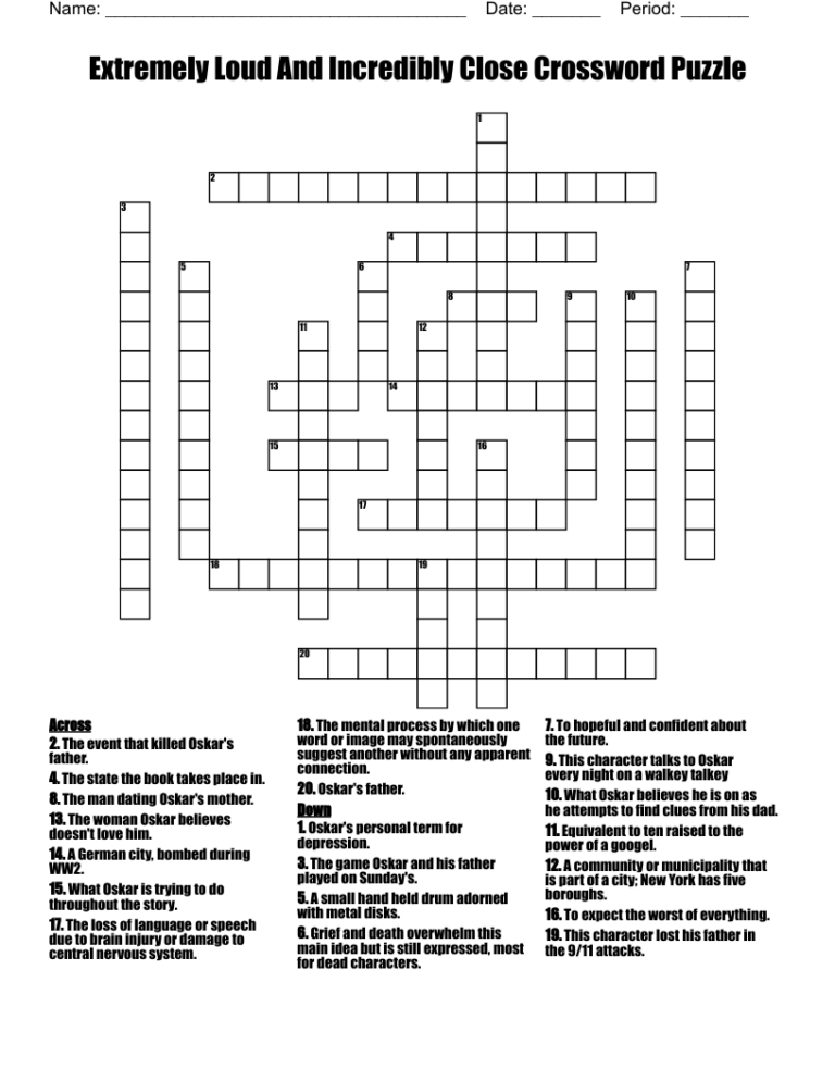 Extremely Loud And Incredibly Close Crossword Puzzle WordMint