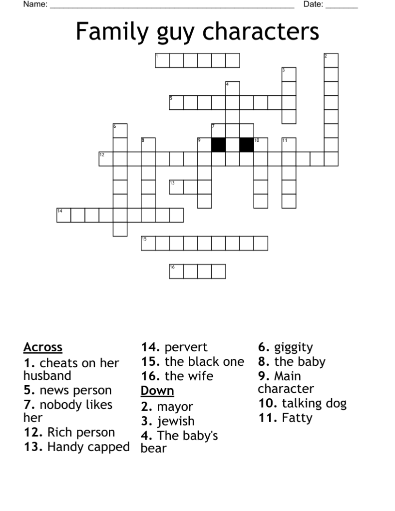 Family Guy Characters Crossword WordMint