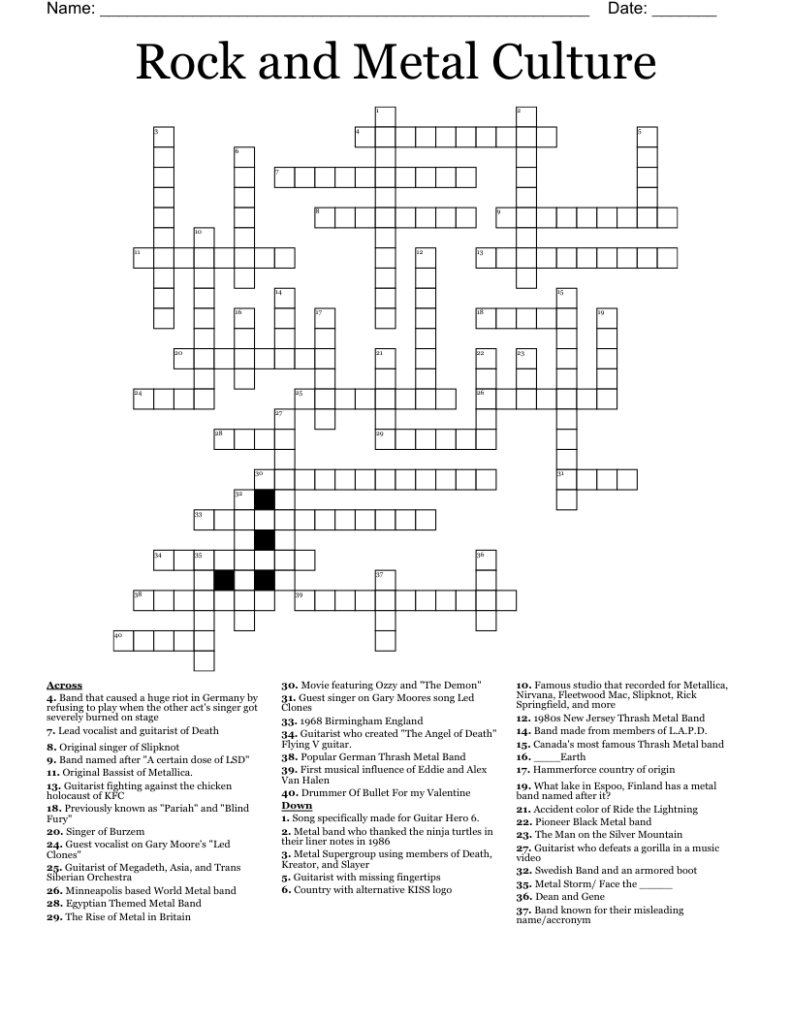 Famous Rock And Metal Bands Crossword WordMint