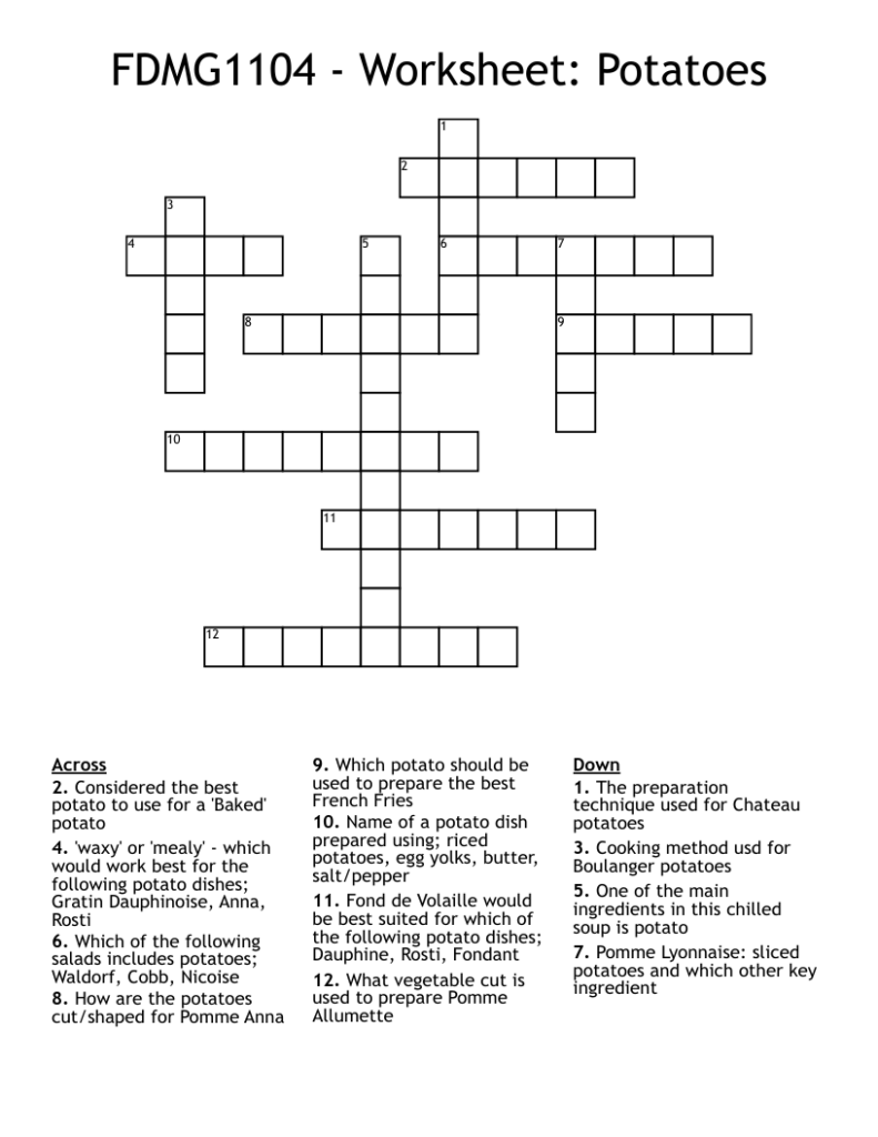 FDMG1104 Worksheet Potatoes Crossword WordMint