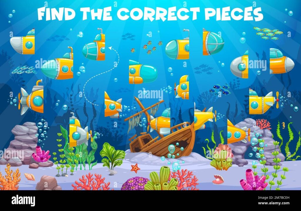 Find The Correct Pieces Of Cartoon Underwater Submarine And Bathyscaphe 