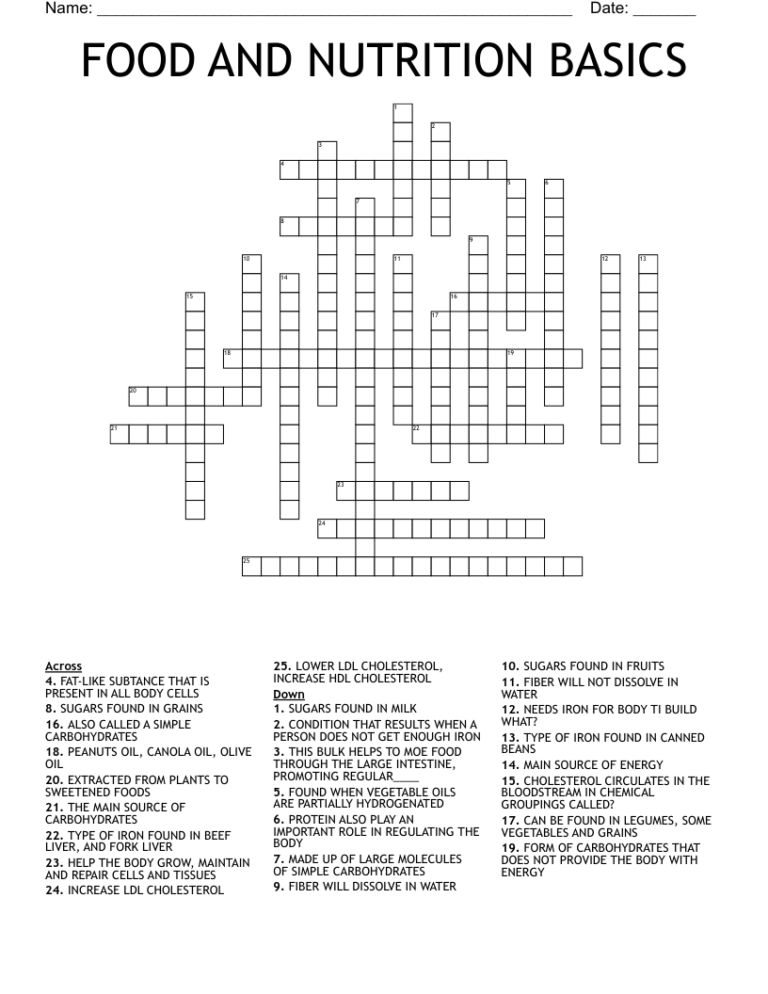 Food And Nutrition Crossword Puzzle Answer Key