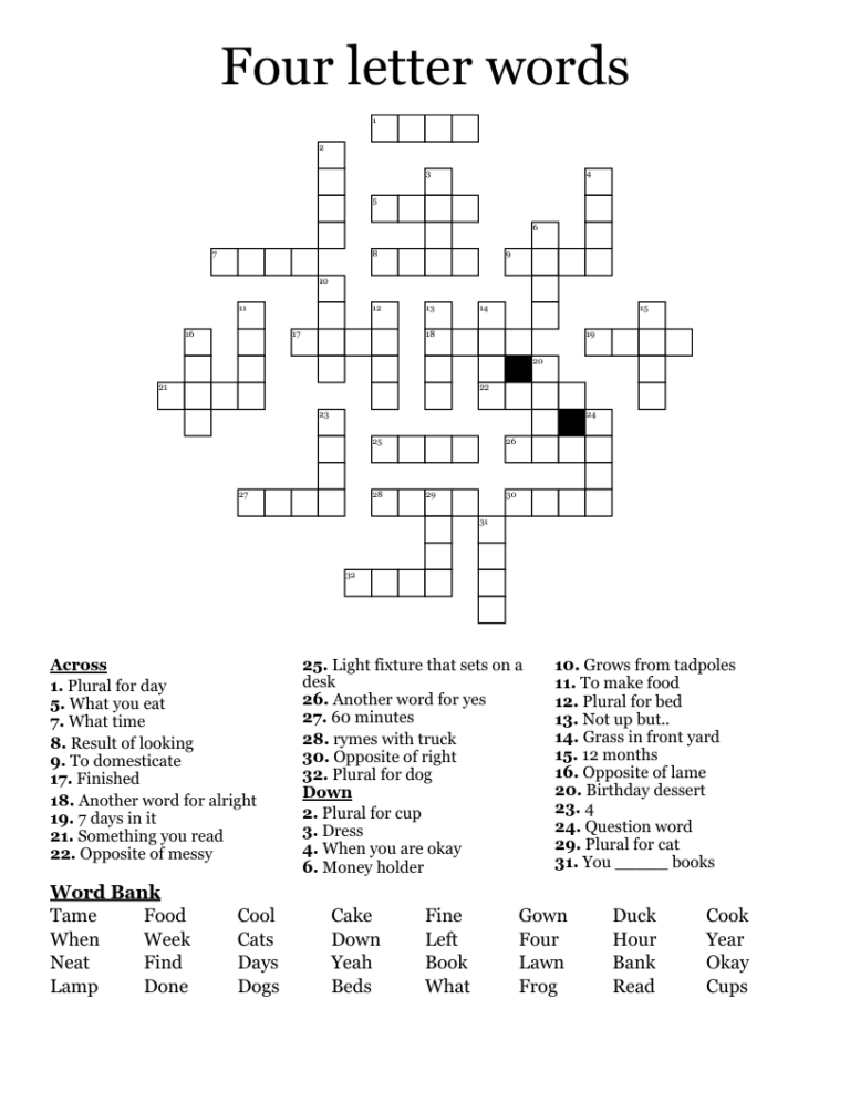 Four Letter Words Crossword WordMint