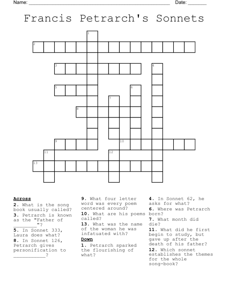 Francis Petrarch s Sonnets Crossword WordMint