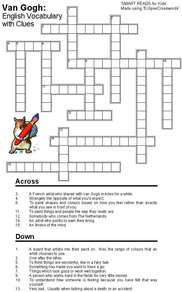 Free Kid s Children s Crosswords To Print Vincent Van Gogh