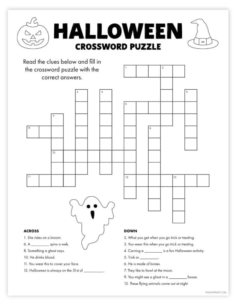 Free Printable Halloween Crossword Puzzle Halloween Crossword Puzzles 