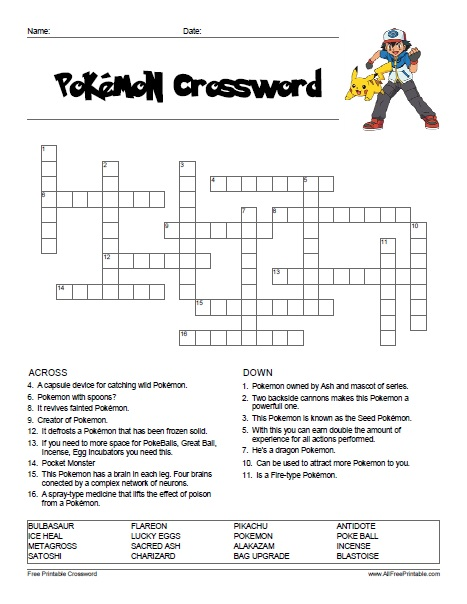 Free Printable Pokemon Crossword