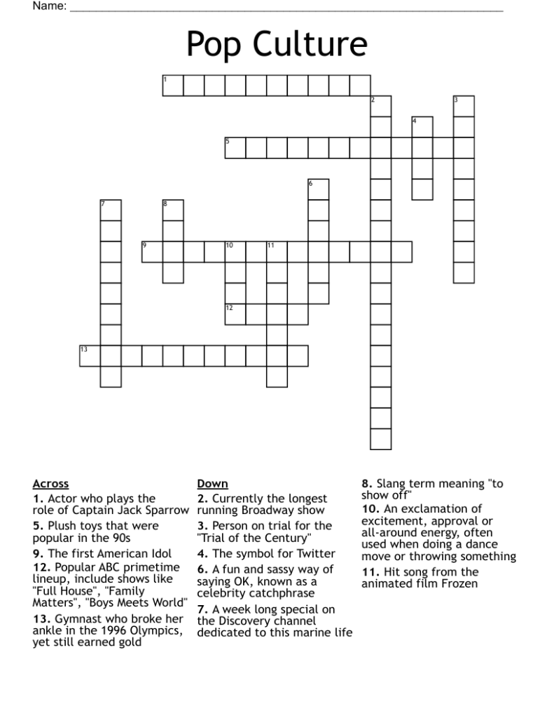 Free Printable Pop Culture Crossword Puzzles