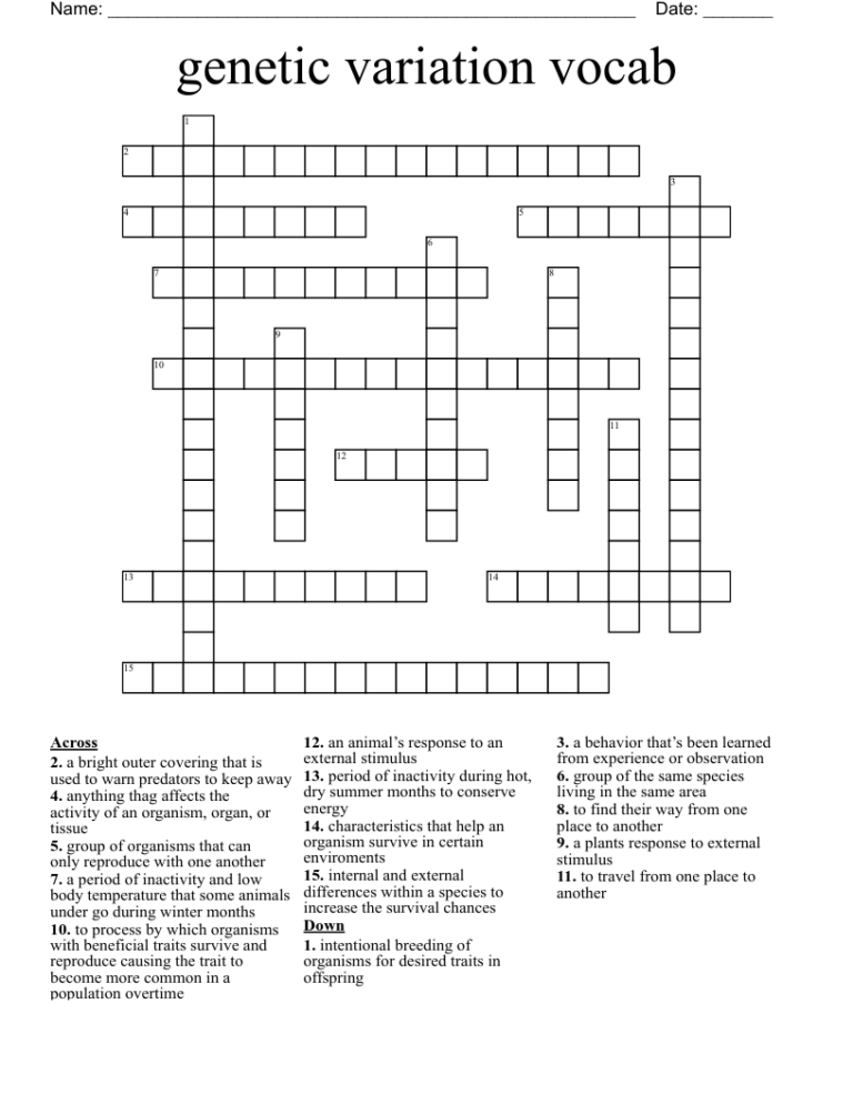 Genetic Variation Vocab Crossword WordMint