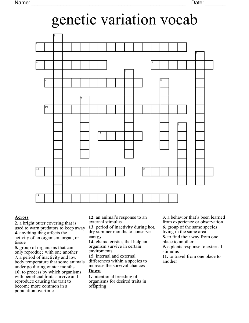 Genetic Variation Vocab Crossword WordMint