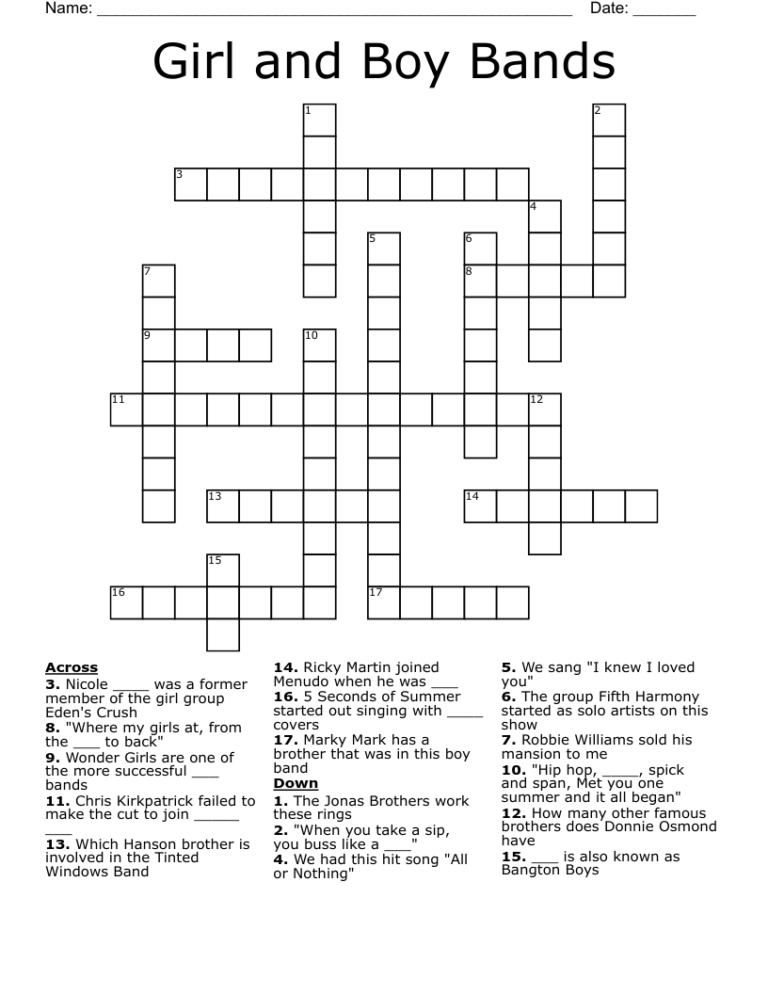 Girl And Boy Bands Crossword WordMint