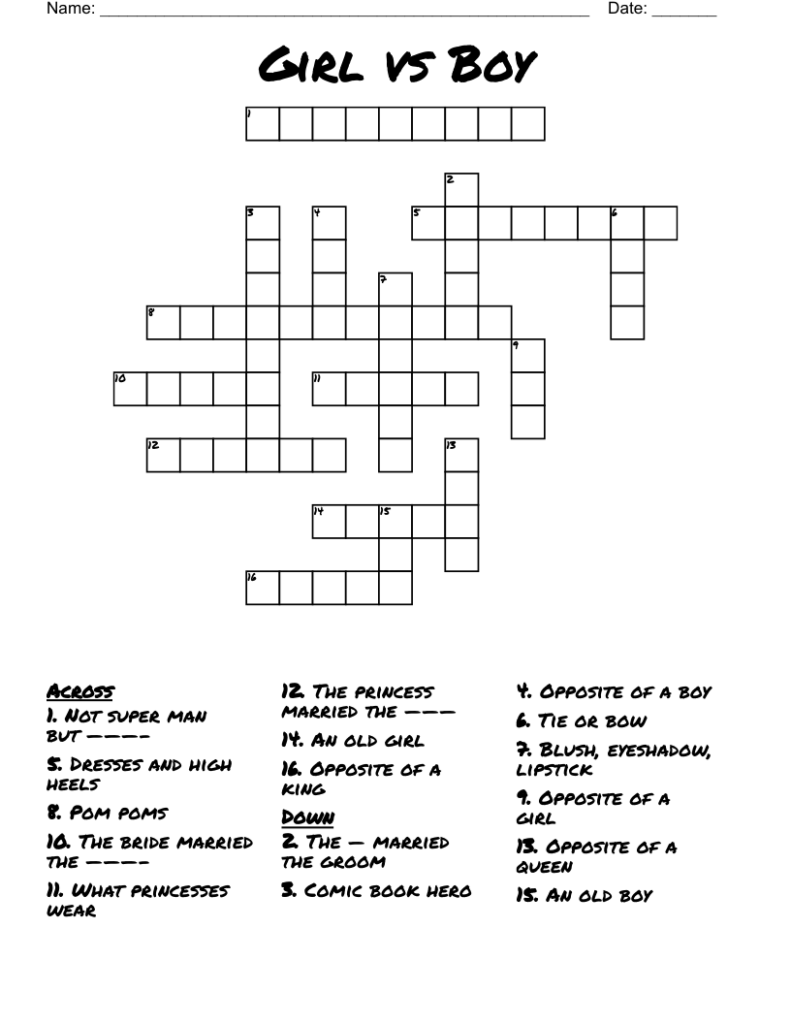 Girl Vs Boy Crossword WordMint