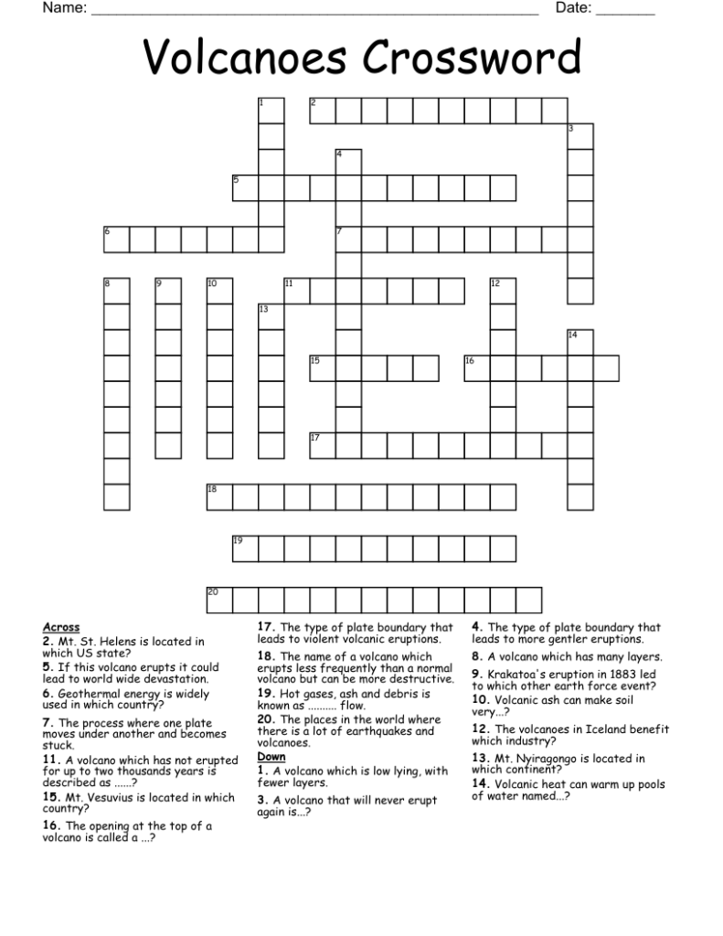 Give Crossword Puzzle Answers About Volcanoes