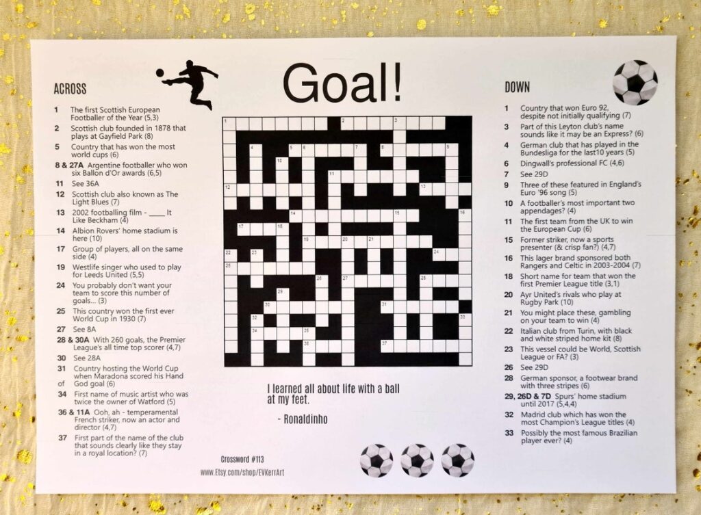 Goal Printable Crossword Football Soccer Themed Crossword Puzzle Etsy