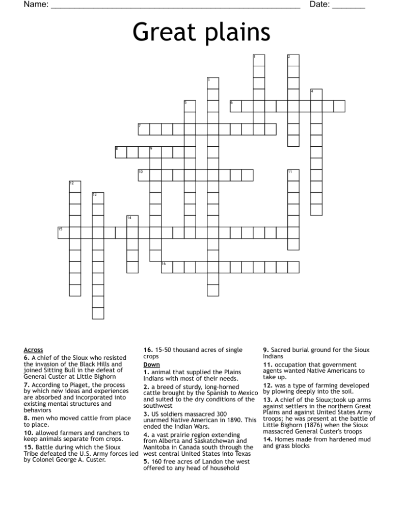 Great Plains Crossword WordMint