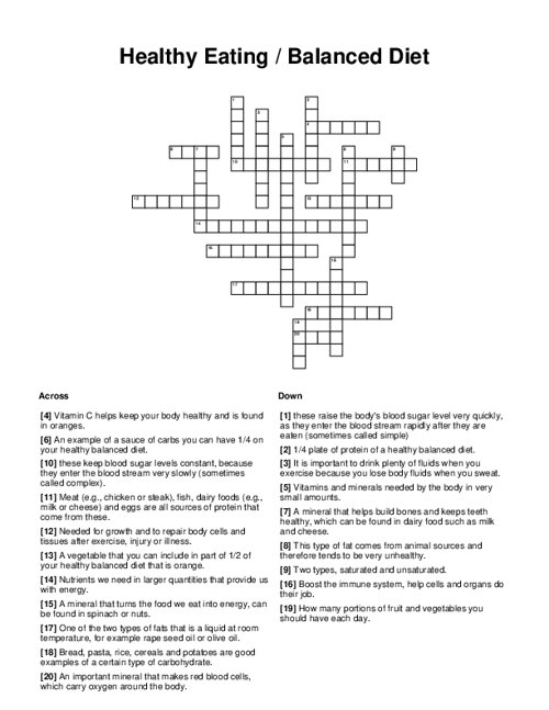 Healthy Eating Balanced Diet Crossword Puzzle