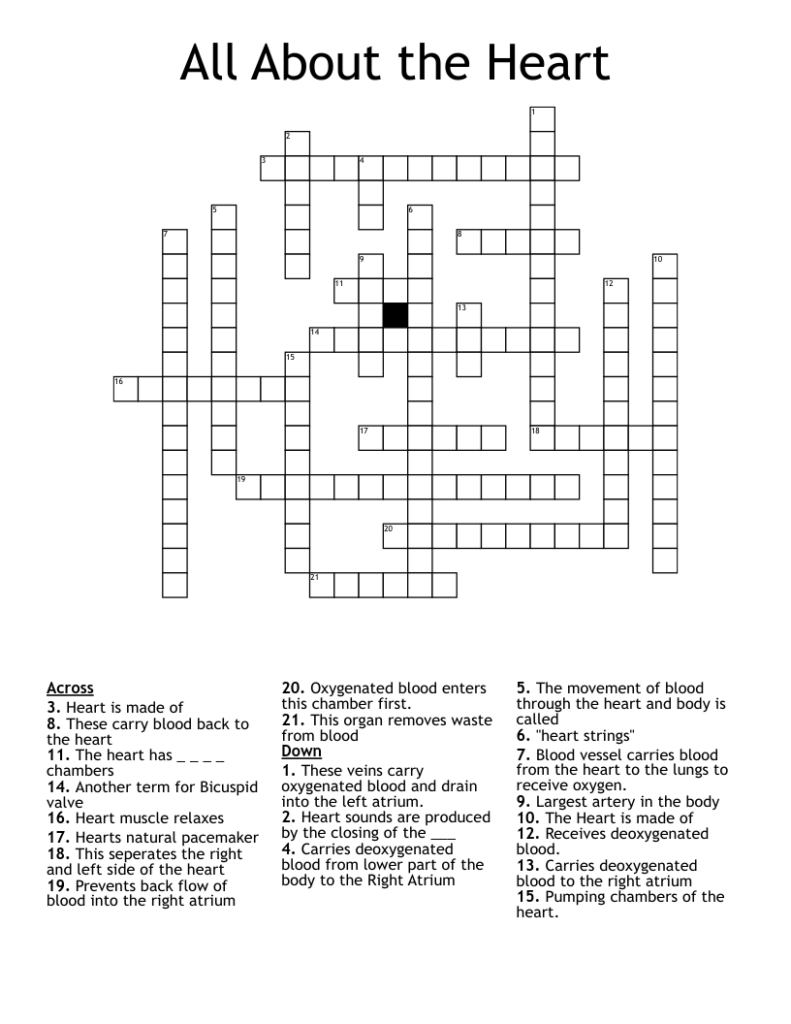 Heart Crossword Puzzle Printables