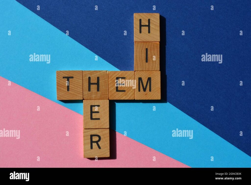 Him Her Them Gender Pronouns In Wooden Alphabet Letters In Crossword 