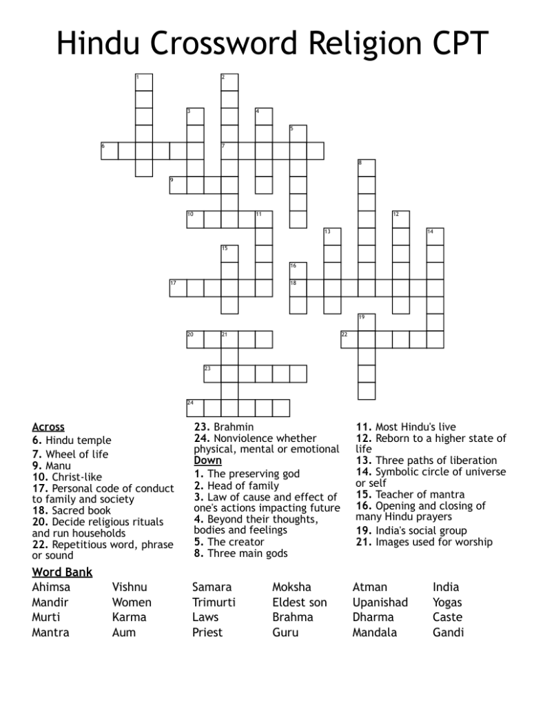 Hindu Crossword Religion CPT WordMint