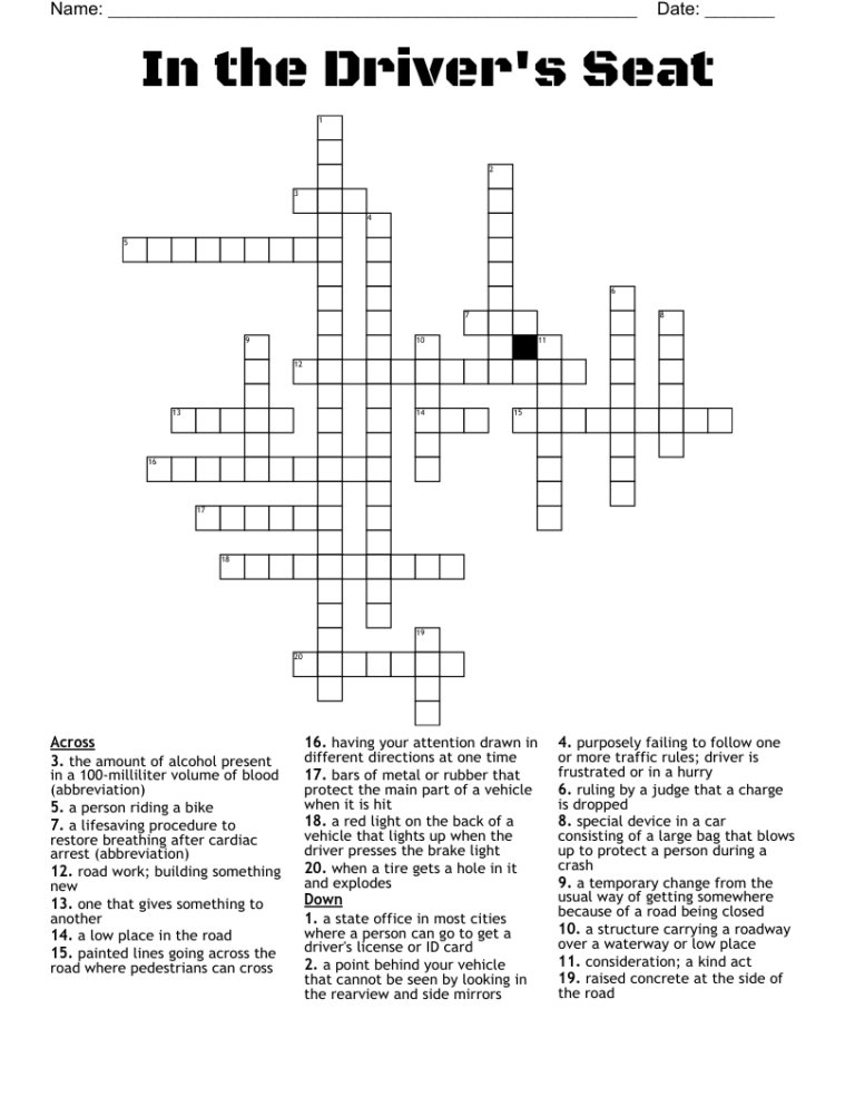 In The Driver s Seat Crossword WordMint