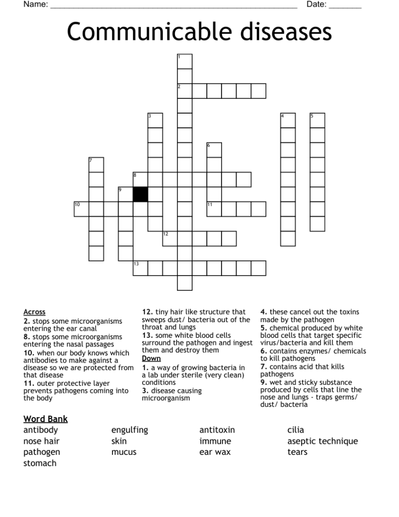 Infectious Disease Crossword Puzzle Illnesses Vocabulary Exercises 