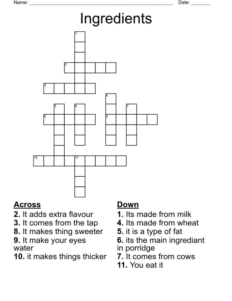 Ingredients Crossword WordMint