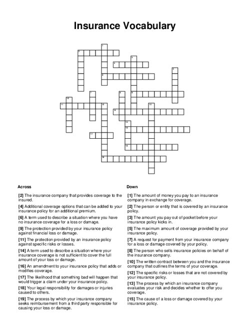 Insurance Vocabulary Crossword Puzzle