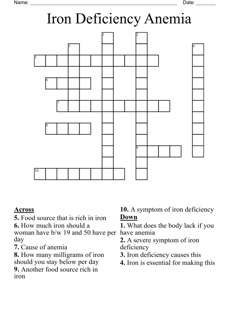 Iron Deficiency Anemia Crossword WordMint