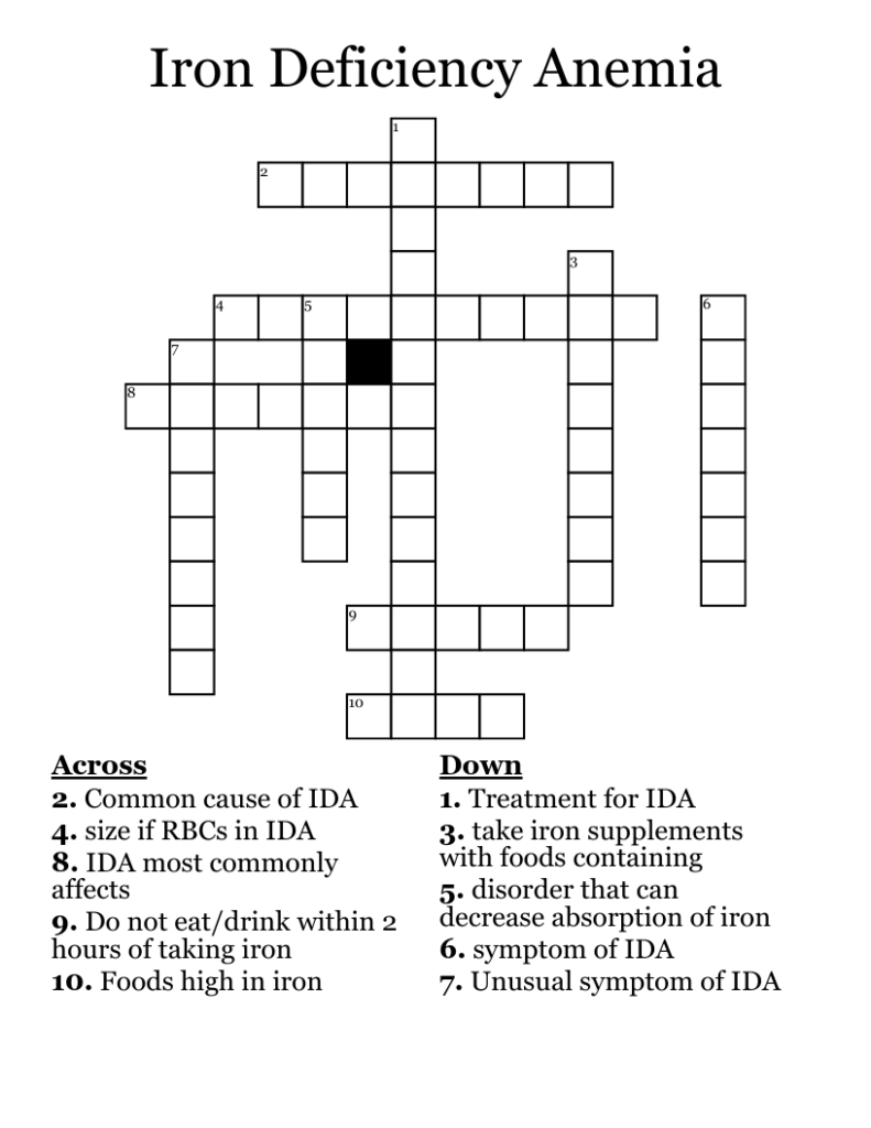 Iron Deficiency Anemia Crossword WordMint