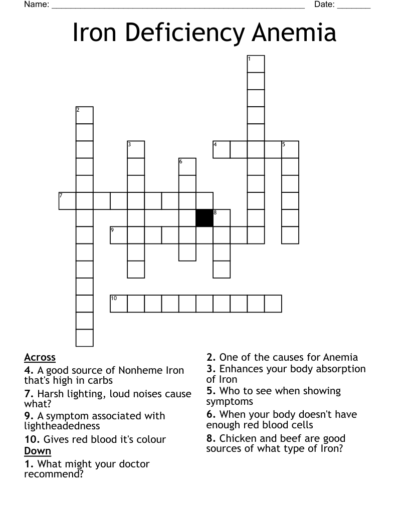 Iron Deficiency Anemia Crossword WordMint