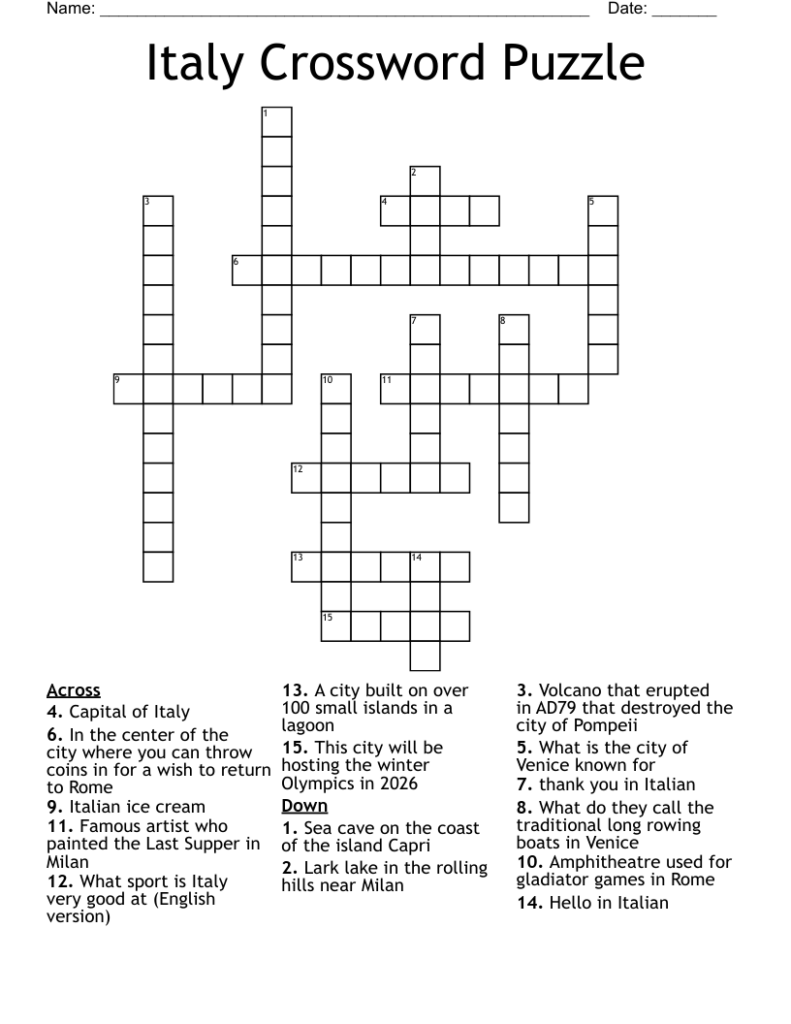 Italy Crossword Puzzle WordMint