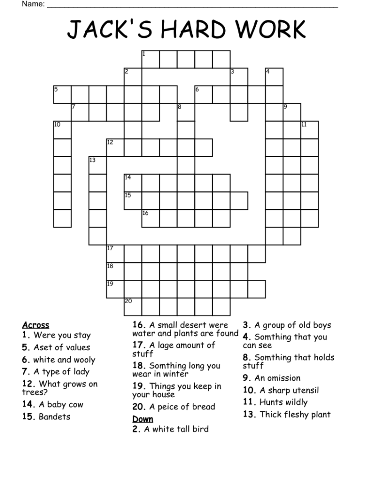 JACK S HARD WORK Crossword WordMint