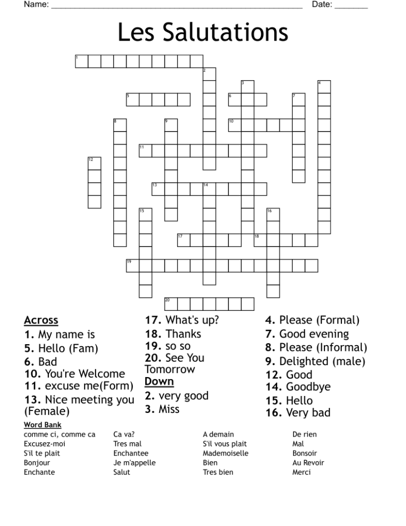 Les Salutations French Greetings Crossword WordMint