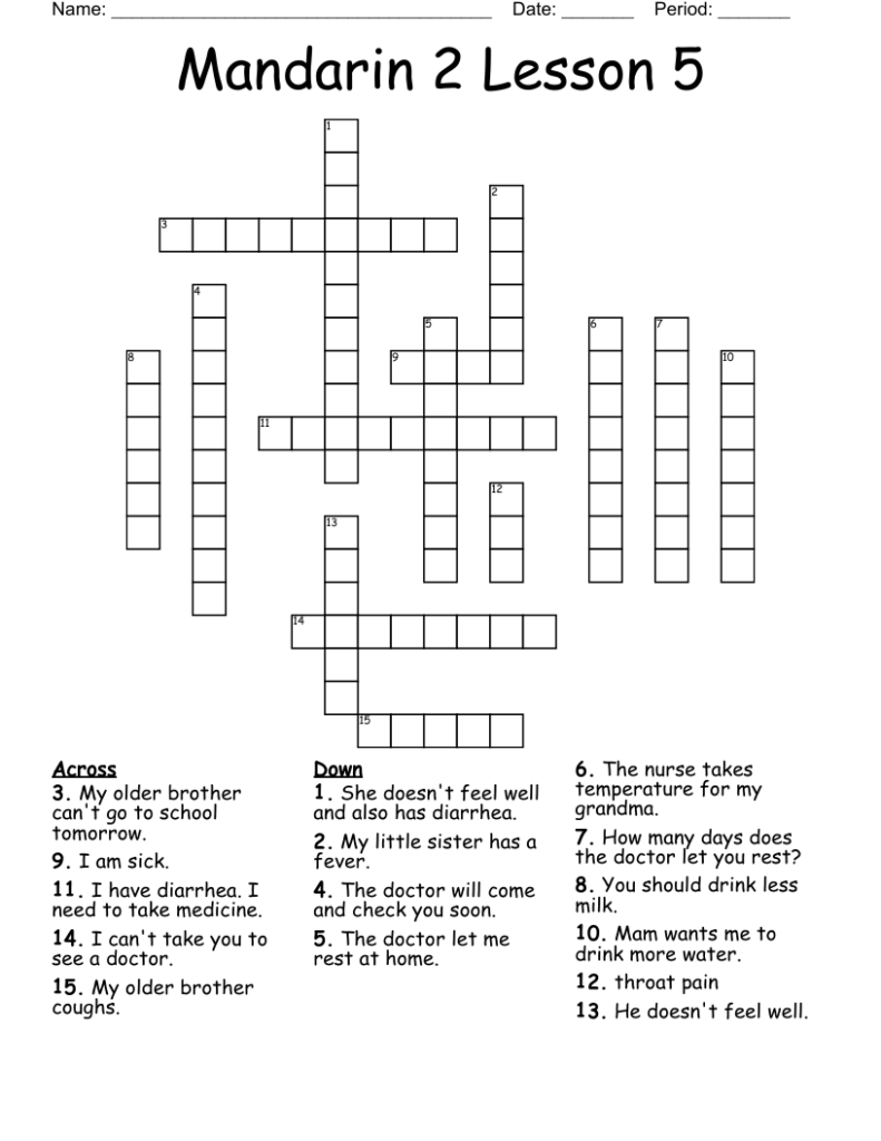 Mandarin 2 Lesson 5 Crossword WordMint