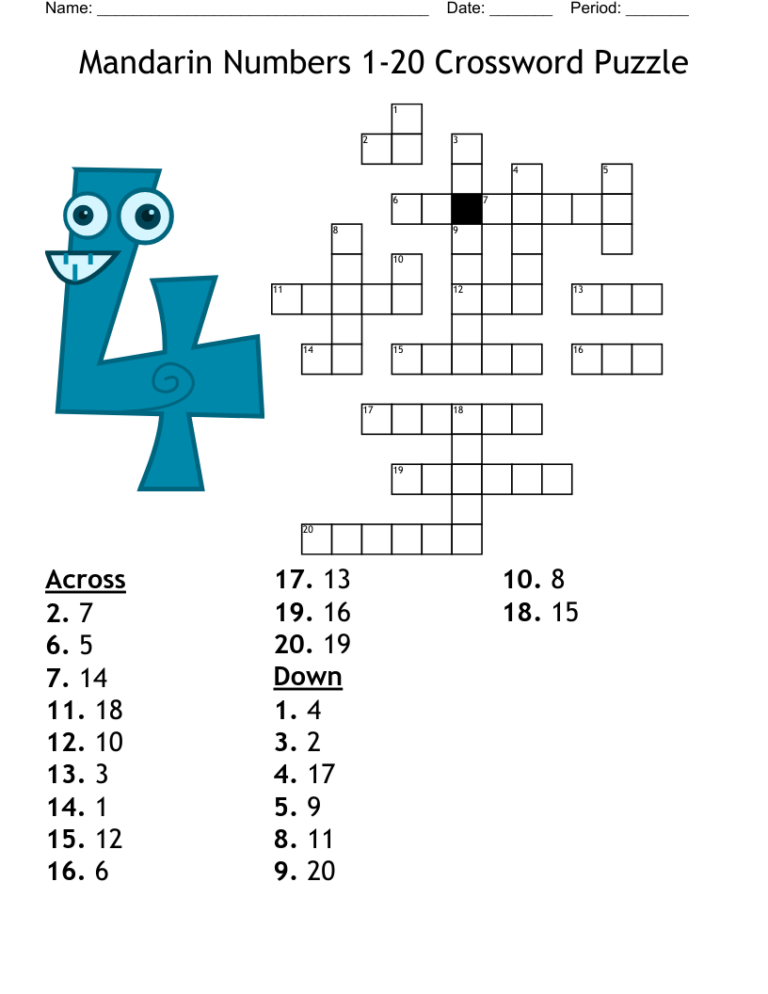 Mandarin Numbers 1 20 Crossword Puzzle WordMint