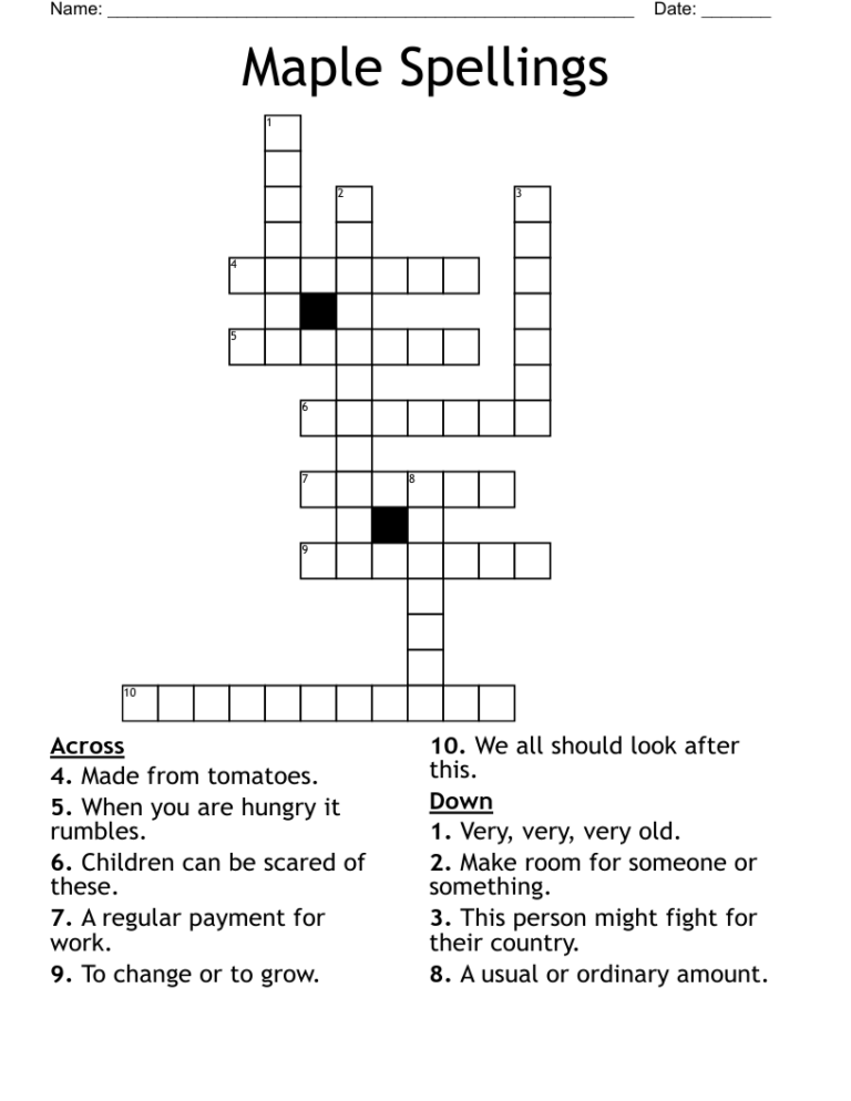 Maple Spellings Crossword WordMint