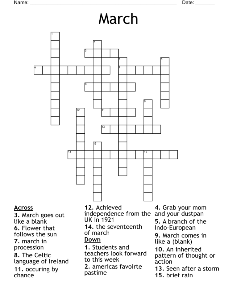 March Crossword Puzzle Printable