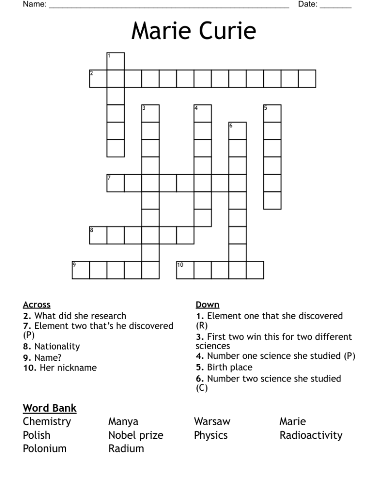 Marie Curie Crossword WordMint