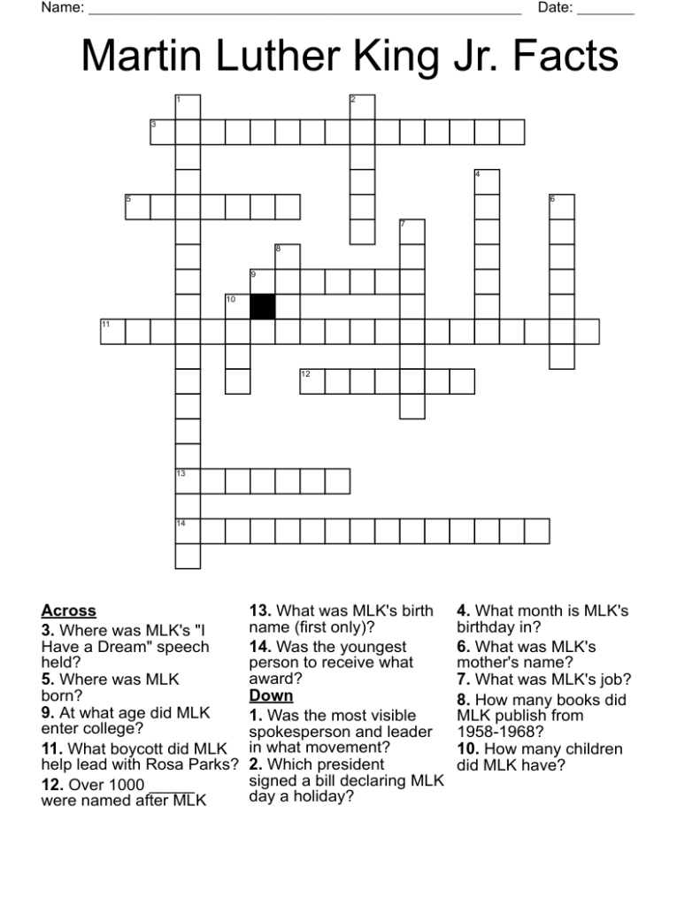 Martin Luther King Jr Crossword Puzzle