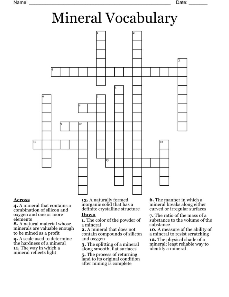 Mineral Vocabulary Crossword WordMint