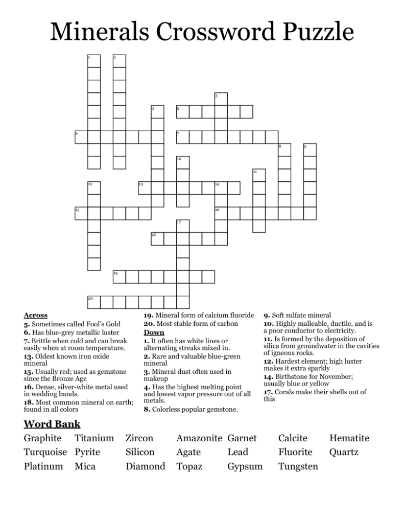 Minerals Crossword Puzzle WordMint